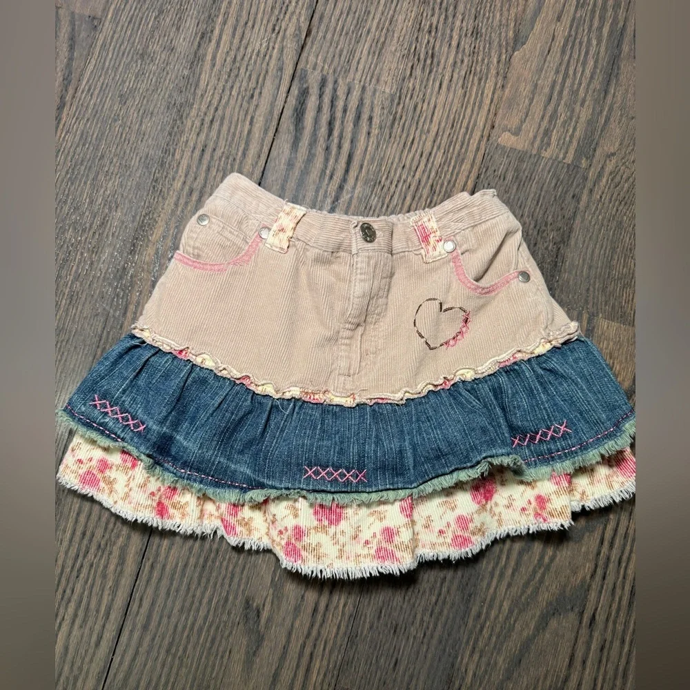Vintage Girls Denim, Corduroy, and Floral Tiered Skort Size 5